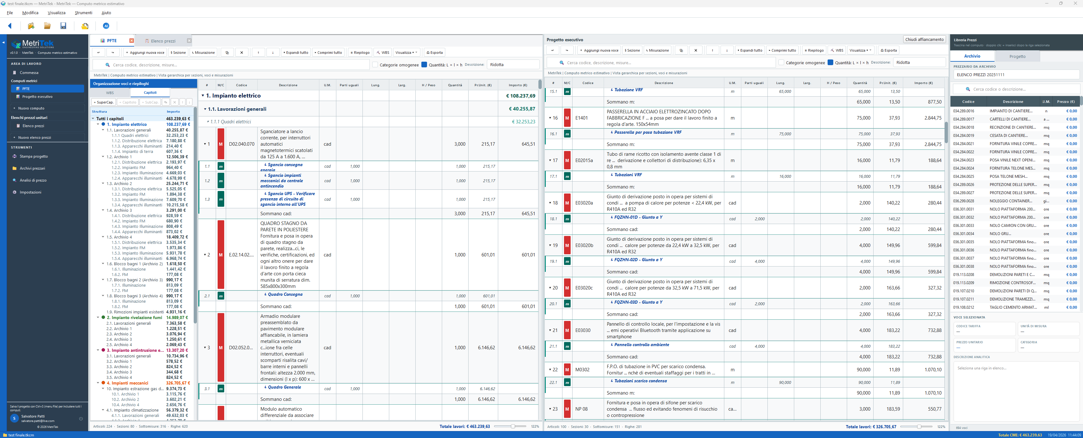 Schermata MetriTek: computo metrico estimativo, WBS e libreria prezzi